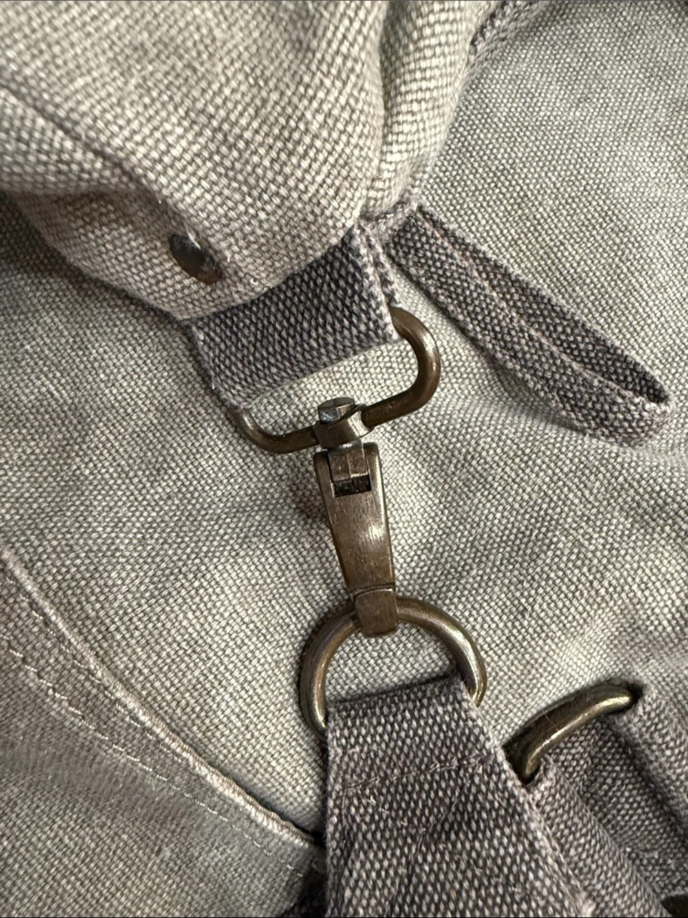Gray canvas duffle bag